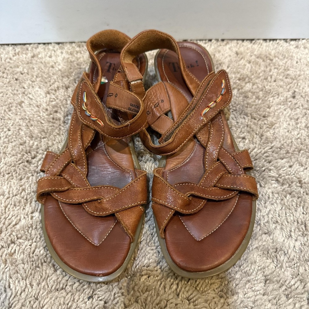 Think! Sandals Shoes Womens Size 6.5 Brown Leather Strappy Hook & Loop Comfort